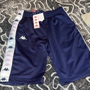 Kappa Blue Shorts with Multicolor Logo Stripe, size small — unisex